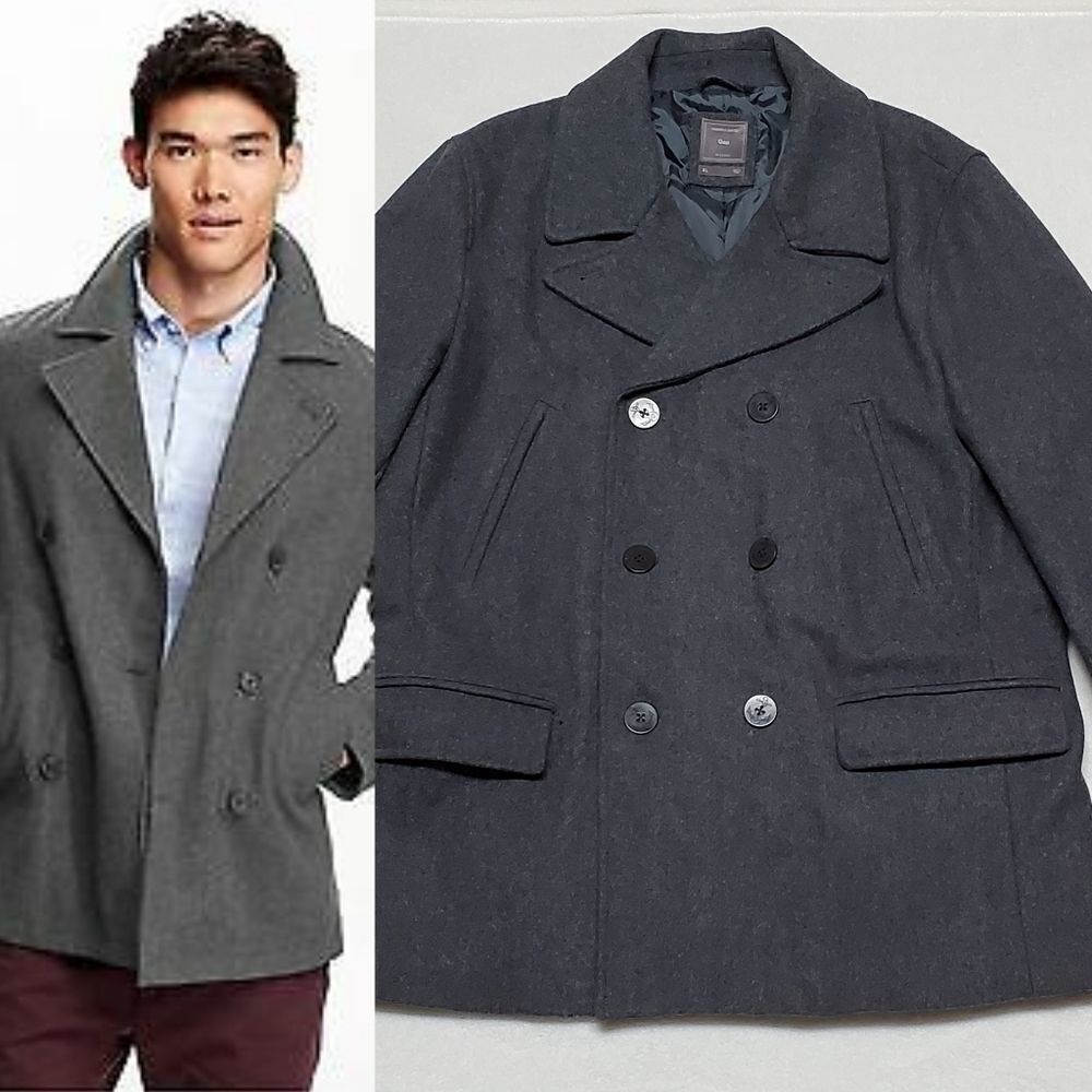 GAP Wool Blend Gray Notched Collar Filled Quilted Double Breasted Peacoat